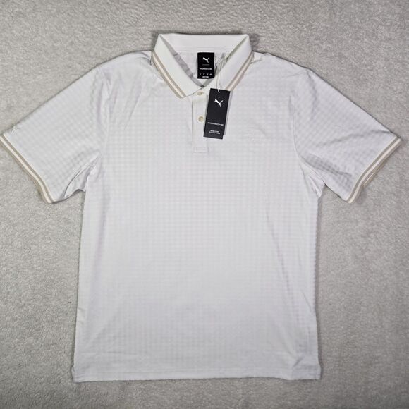 $110 Puma X Porsche Houndstooth White Performance Stretch Polo Shirt Mens XL
